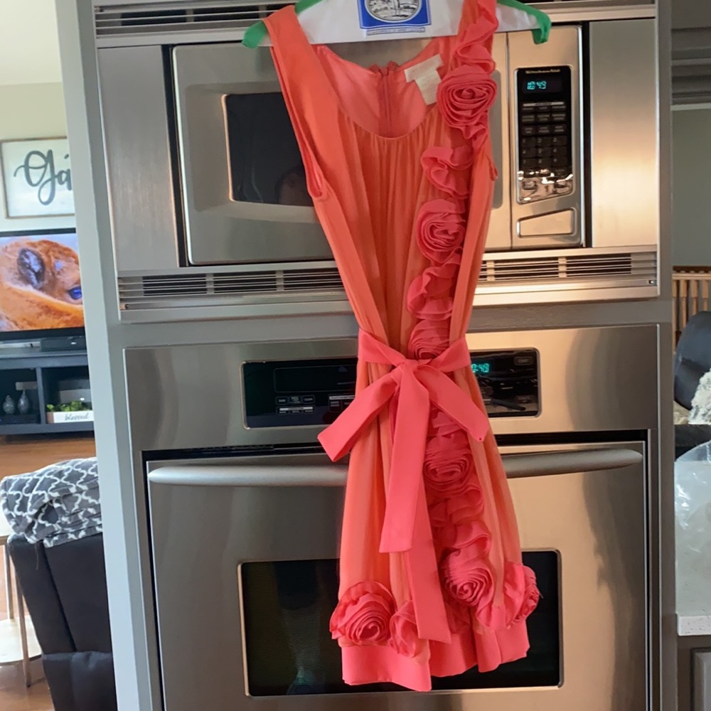 Fun, flirty, coral chiffon belted dress.